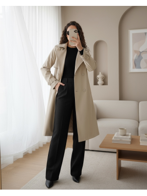 5918 Kruvaze Yaka Trençkot - Bej