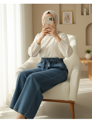 Beli Kuşaklı Lastikli Cepli Kot Pantolon -Laci