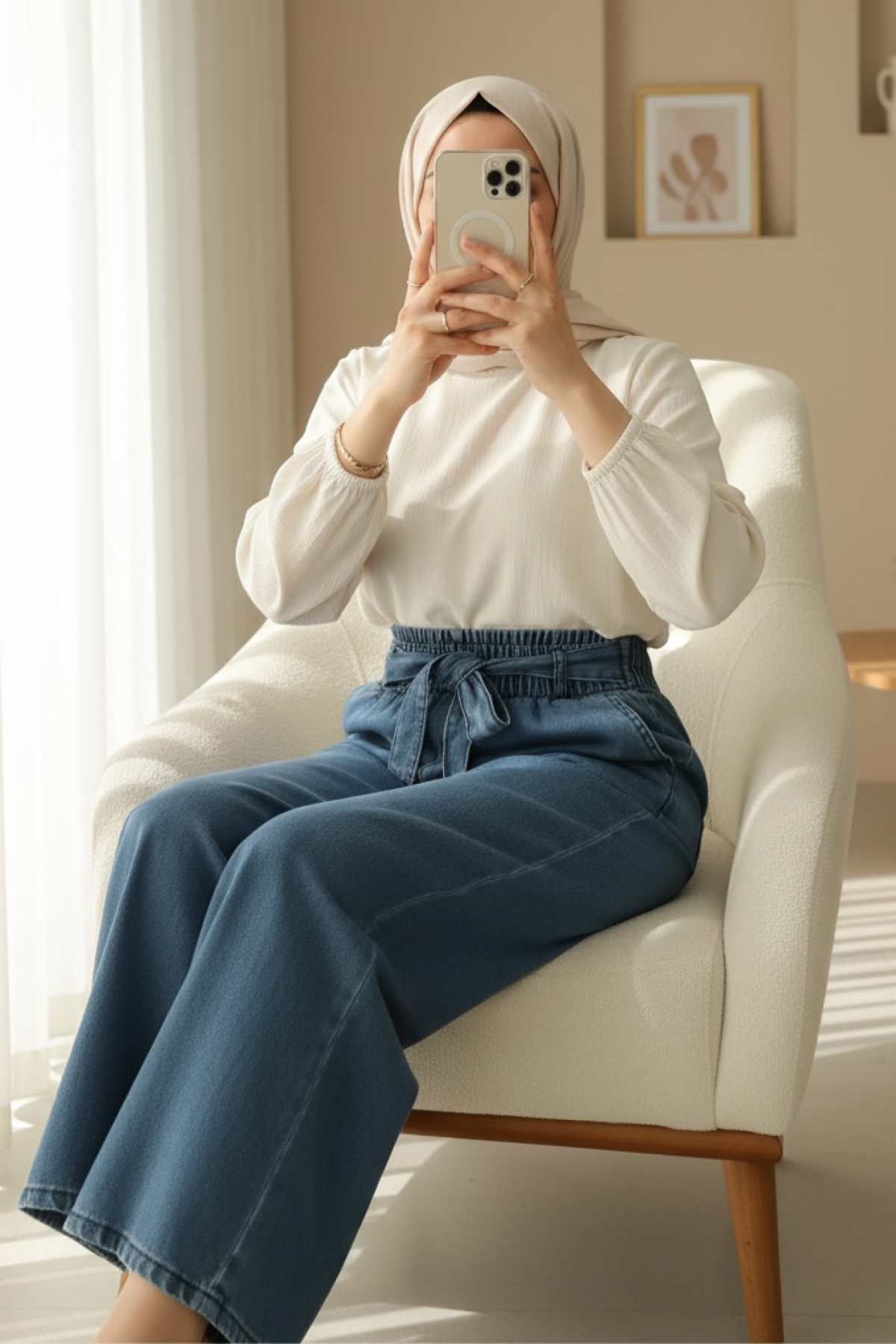 Waist Belted Elastic Pocketed Jeans -Navy blue