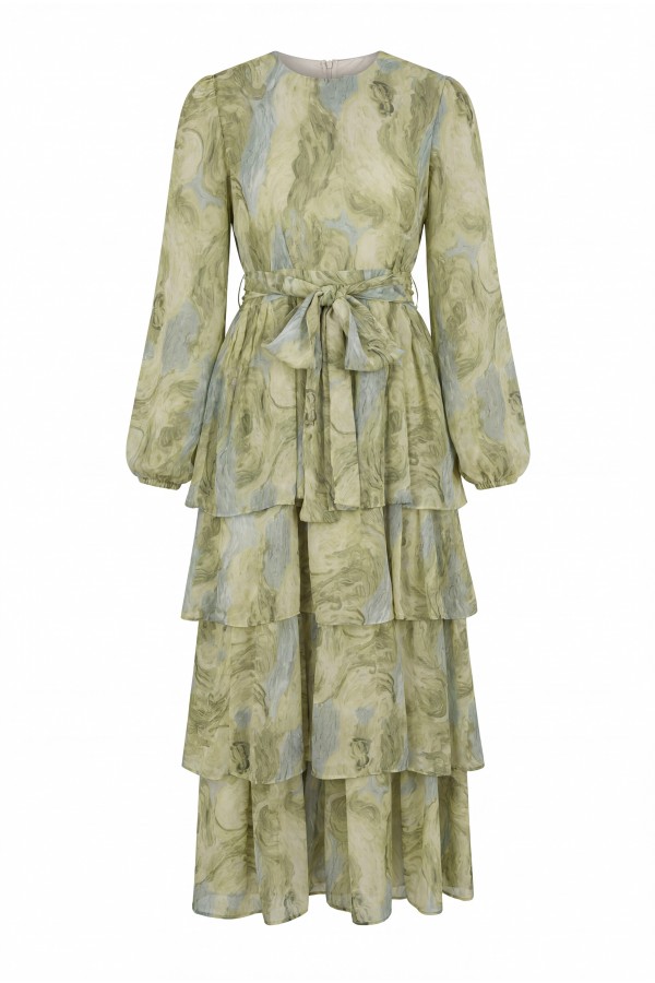Layered Skirt, Elasticated Sleeves, Belted Waist, Lined Chiffon Dress -PISTACHIO GREEN