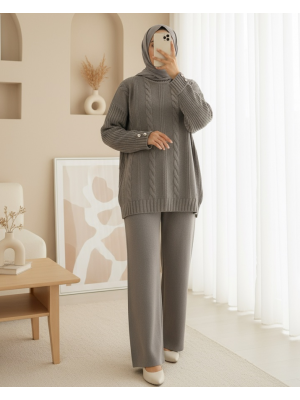 Saç Örgü Desen Kolu Düğme Detaylı Triko Takım -Toprak