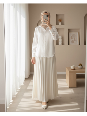 3964 Hafif Dökümlü Saten Gömlek - Beyaz