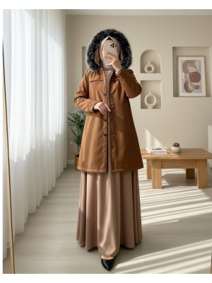 Çıkma Kapşonlu Çıtçıtlı Cepli Kısa Kaban -Taba