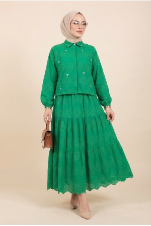 Fisto Detaylı Etekli Takım  -Yeşil