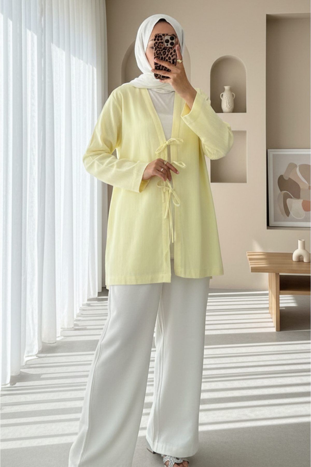 Önü Üç Bağcıklı Keten Görünümlü Kimono -Açık Sarı