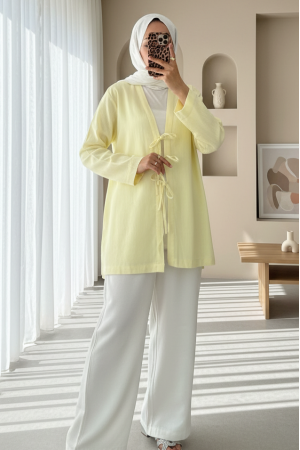 Önü Üç Bağcıklı Keten Kimono -Açık Sarı
