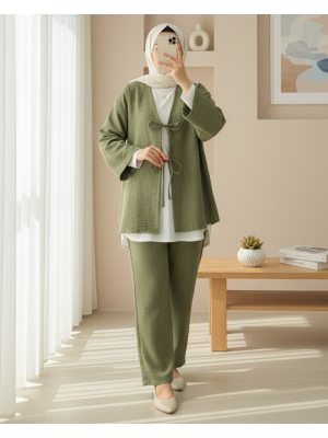 Önü Bağcıklı Keten Kimono    -Haki