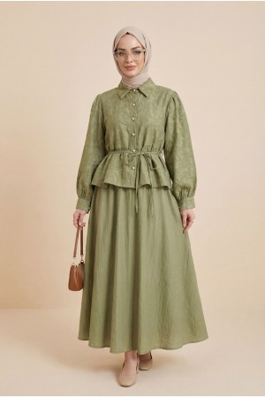 Jacquard Suit with Stone Embellished Buttoned Waist and Skirt -Cagla Green