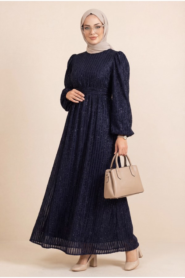 Elastic Sleeve Glitter Striped Belted Dress -Navy blue