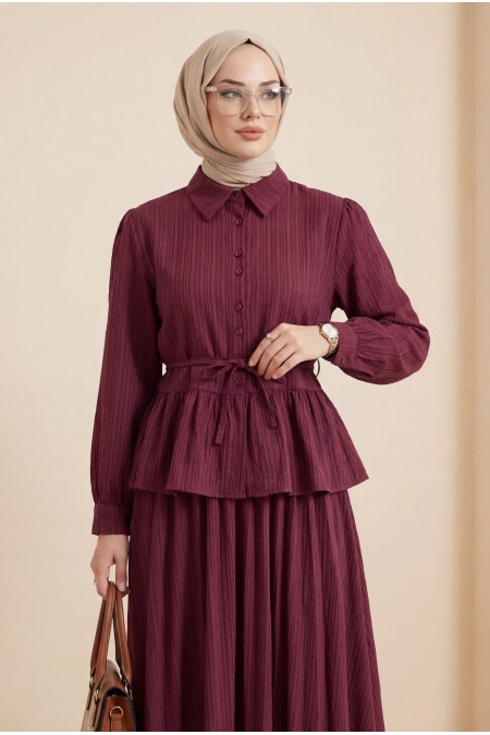 Eteği Fırfırlı Düğmeli Beli Bağcıklı Etekli Takım  -Bordo