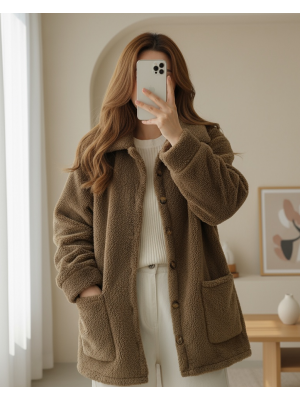 Boydan Düğmeli Cepli Pelüş Ceket -Kahve