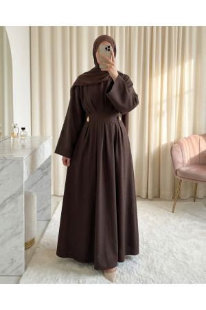 Pileli Beli Kemerli Toka Detaylı Modal Elbise -Kahve