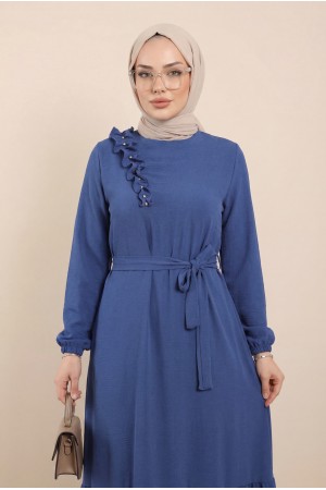 فستان أيروبين مزين بتنورة مكشكشة وحزام -اللون النيلي