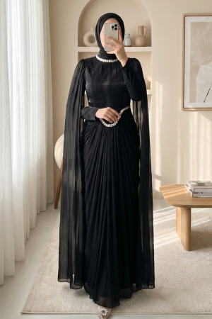 Yakası Ve Beli Taşlı Pelerin Detaylı Janjan Abiye -Siyah