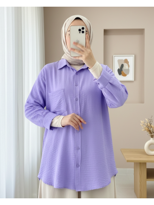 Tek Cepli Düğmeli Keten Gömlek -Lila