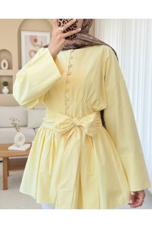 Beli Bağcıklı Boydan Taş Düğmeli Tunik -Açık Sarı