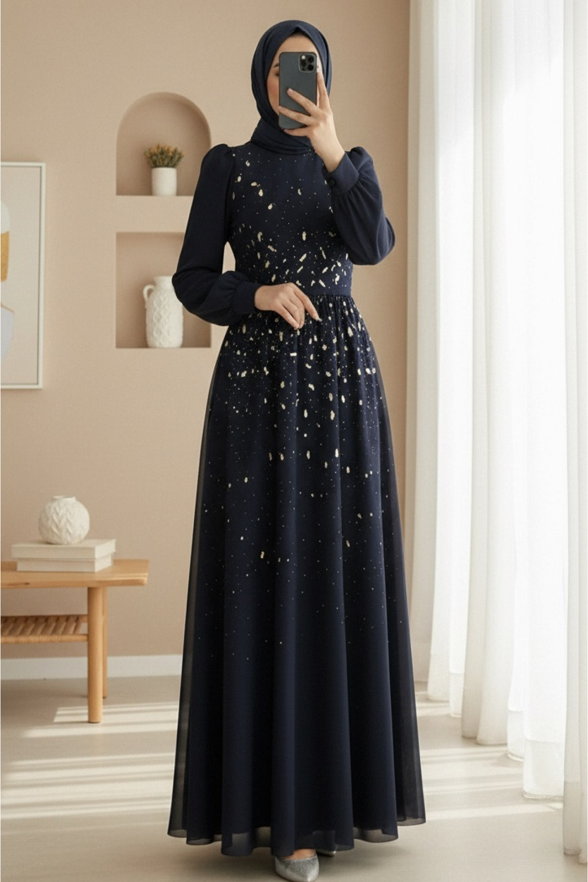Tulle Evening Dress with Stone Detail on the Front and Lining -Navy blue