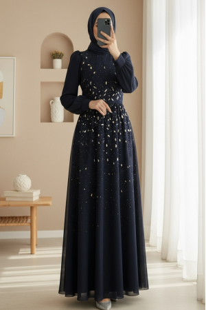 Önü Taş Detaylı Astarlı Tül Abiye -Laci