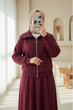 Önü Fermuarlı Boğazlı Taş Detaylı Scuba Takım  -Bordo