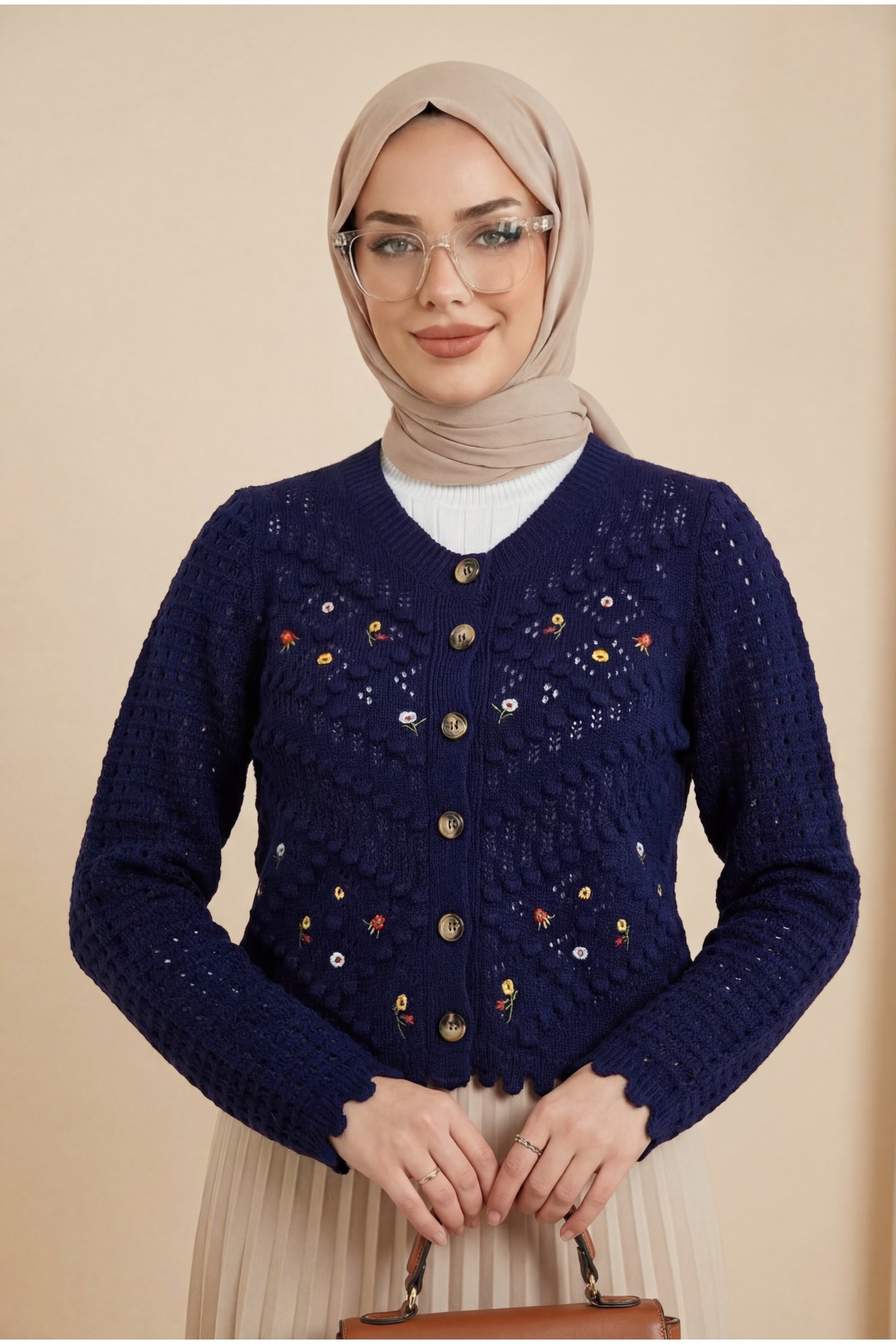 Floral Embroidered Pompom Openwork Knitted Cardigan    -Navy blue