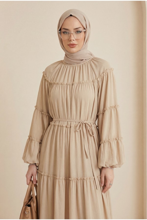 Round Neck, Balloon Sleeve, Lined Chiffon Dress - Beige