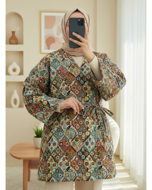 Quilted Kimono with Tied Waist, Pockets, Patterned Lining- Beige