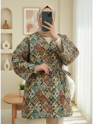 Beli Bağlamalı Cepli Desenli Astarlı Kapitone Kimono -Bej