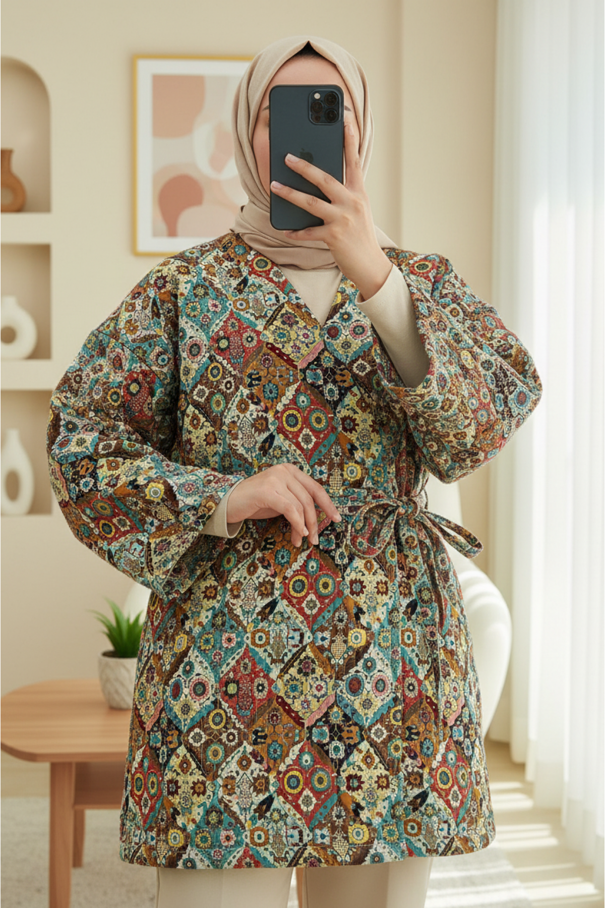 Quilted Kimono with Tied Waist, Pockets, Patterned Lining- Beige