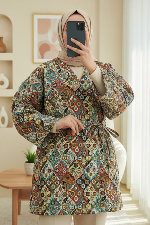 Beli Bağlamalı Cepli Desenli Astarlı Kapitone Kimono -Bej