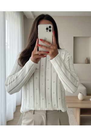 Taşlı Ajurlu Triko Kazak -Taş