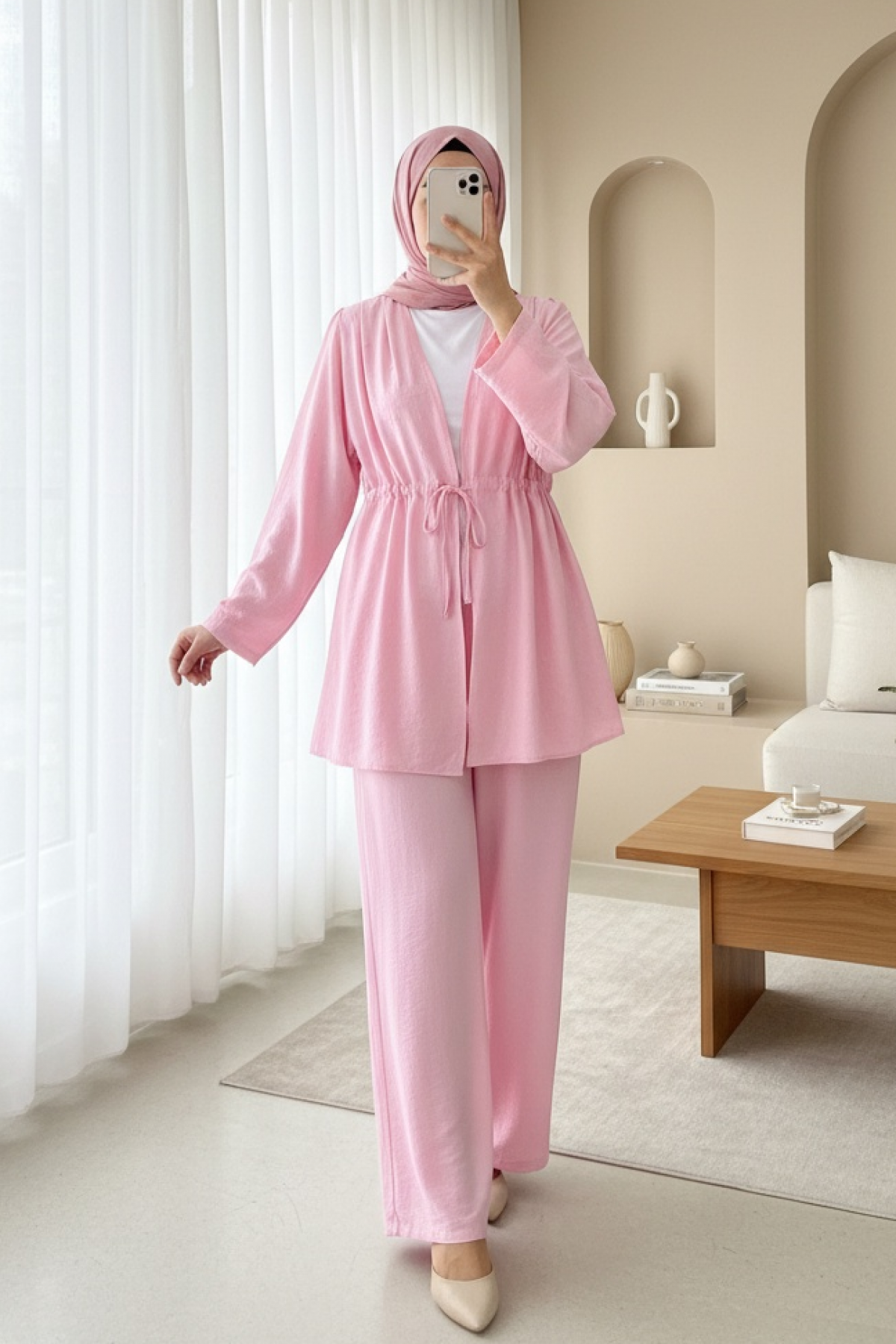 Tunnel Laced Kimono Set with Stoned Wide Leg Trousers -Pink