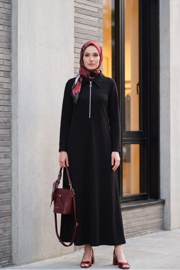 Half-Zip Shirt Collar Long Oysho Dress -Black
