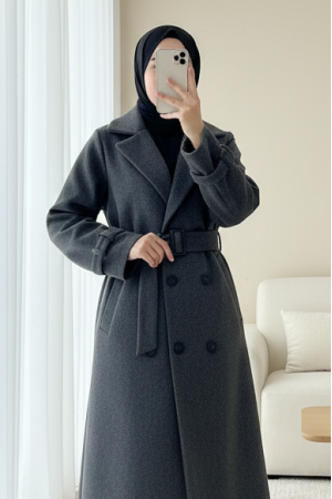 Önü Düğmeli Beli Ve Kolu Kemerli Cepli Astarlı Kaşe Kap  -Füme