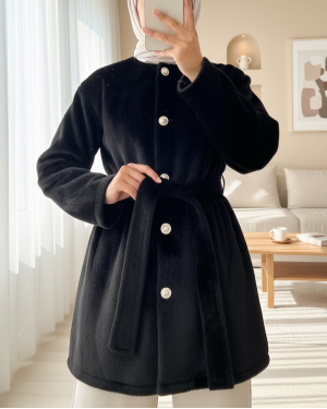 Düğmeli Beli Bağlamalı Kürklü Ceket -Siyah