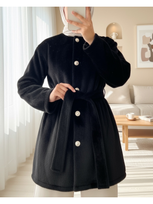 Düğmeli Beli Bağlamalı Kürklü Ceket -Siyah