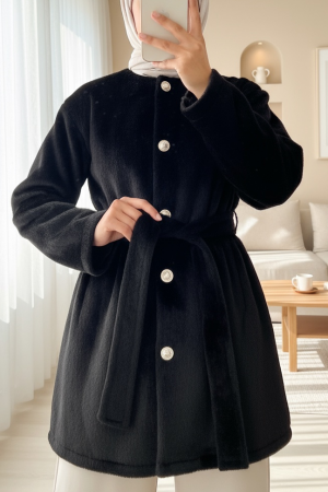 Buttoned Waist Tied Fur Jacket -Black