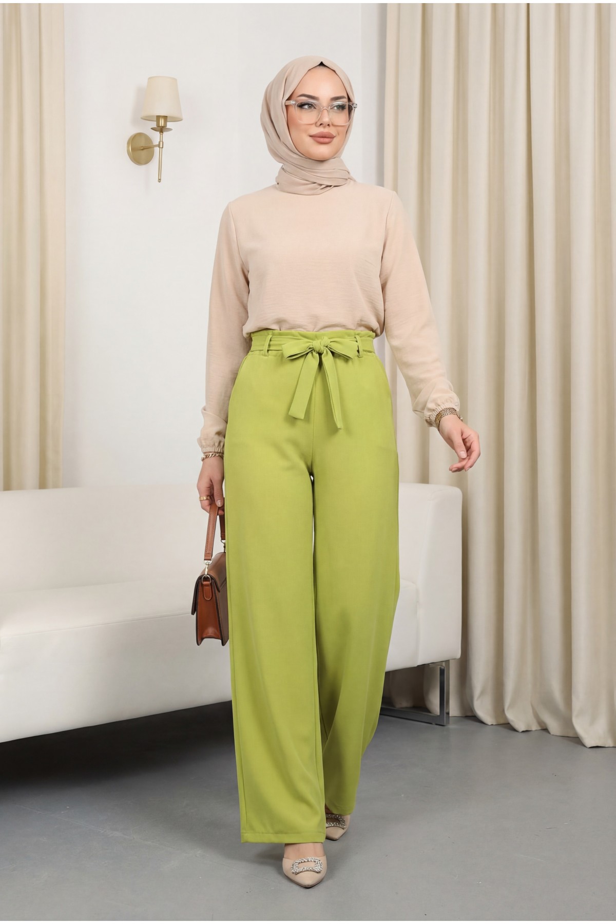 Tie Waist Double Wide Leg Trousers     -PISTACHIO GREEN