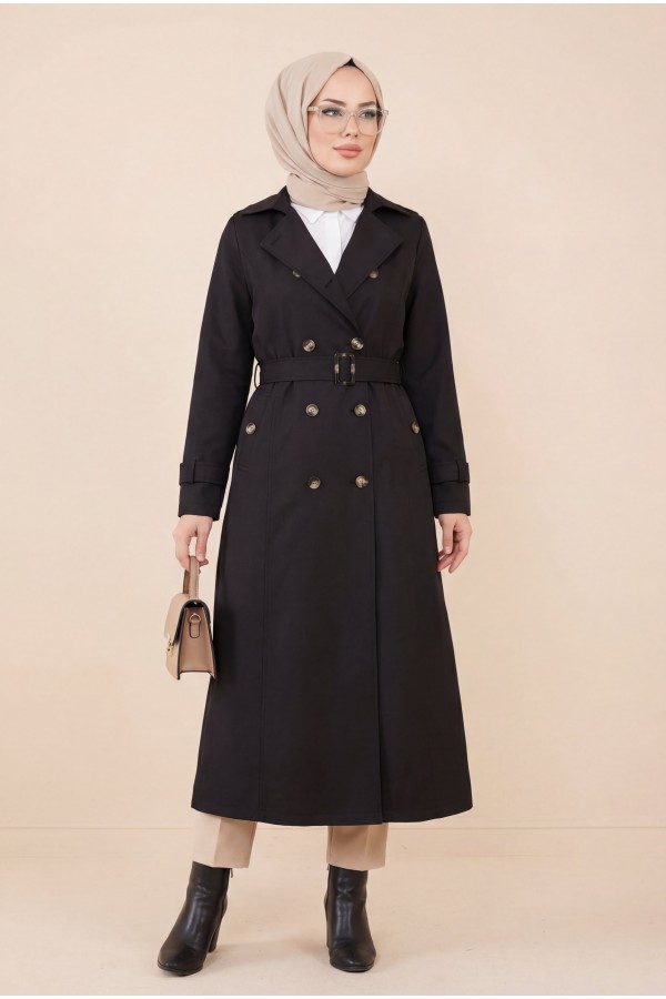 Double Buttoned Belted Trench Coat -Black