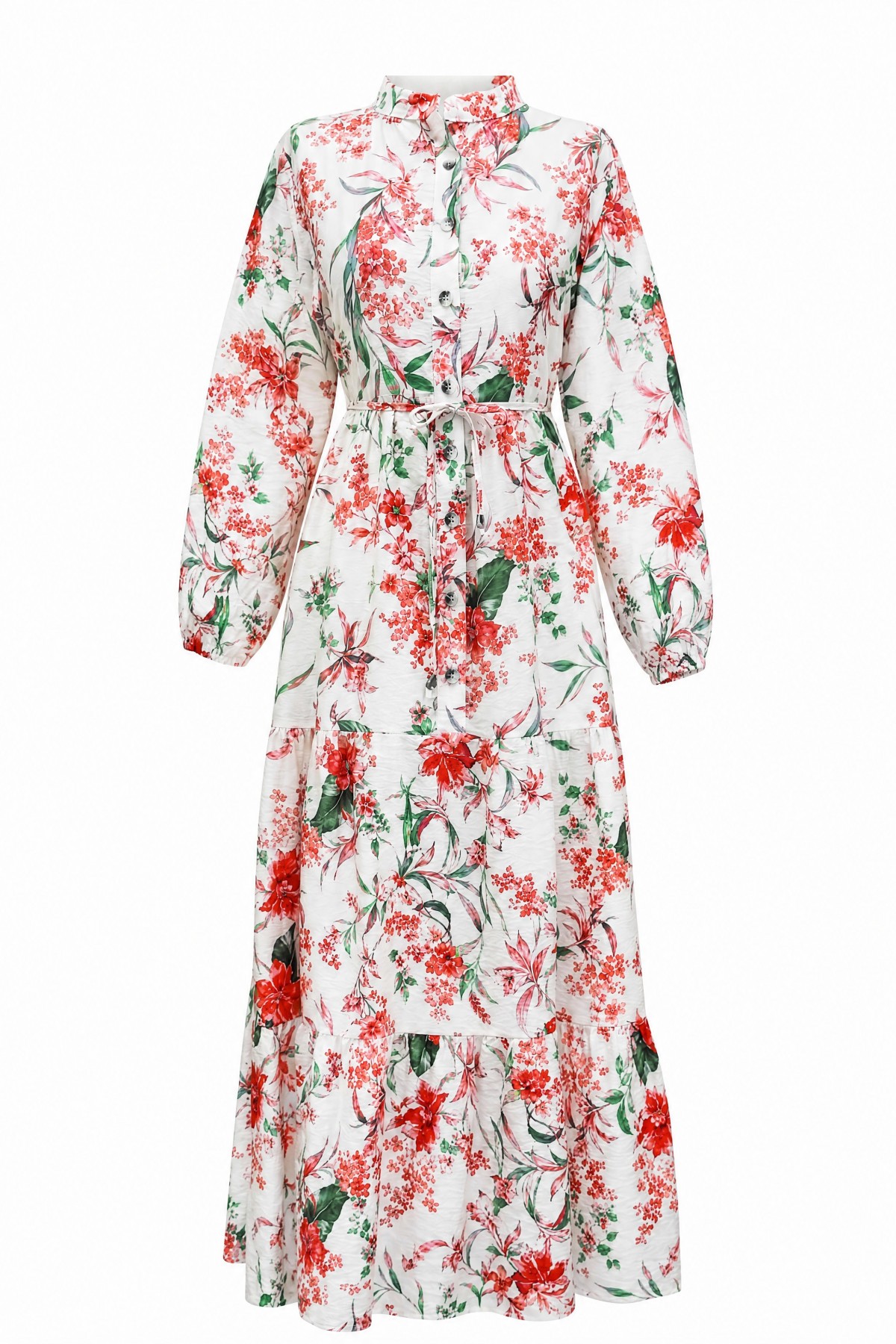 Mandarin Collar Half-Button Mixed Patterned Polycotton Dress with Elasticated Sleeves -Garnet Color detay görseli