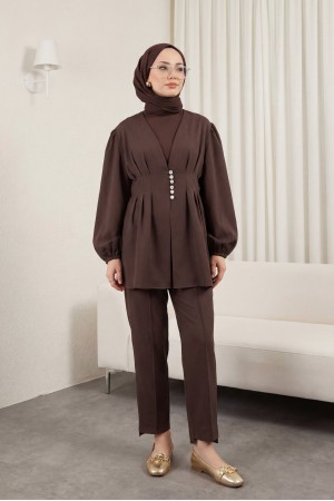Taşlı Düğmeli Kolu Lastikli Double Pantolonlu Takım  -K. Kahve