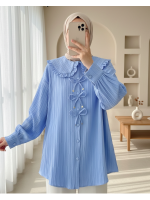 Önü Kurdele Detaylı Düğmeli Önlük Yaka Gömlek -Mavi