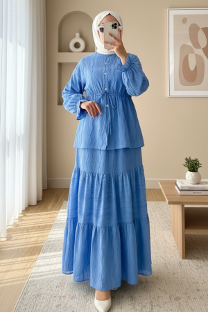 Önü Düğmeli Beli Bağcıklı Kolu Lastikli Etekli Dantelli Takım -Mavi