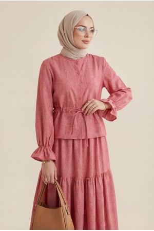 Linen Suit with Buttoned Front and Elasticated Arms and Tunnel Laces -Garnet Color