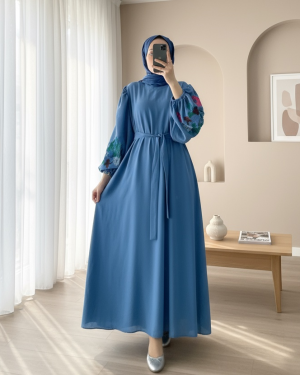 Kolları Balon Süzene İşlemeli Kemerli Elbise  -Koyu Mavi