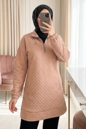 Kısa Fermuarlı Yaka Kapitone Şık Spor Sweat 