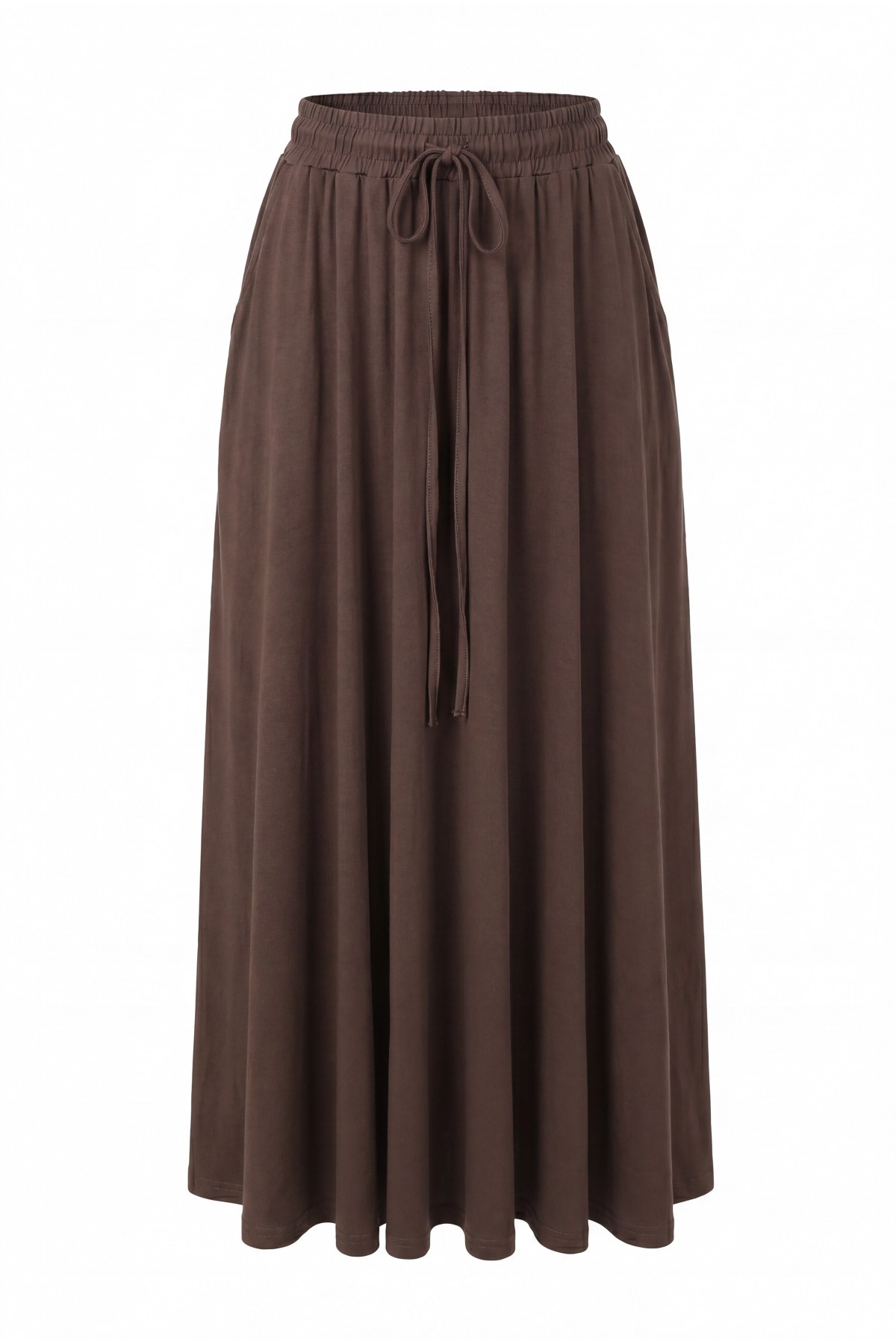 Elasticated Combed Cotton Skirt with Tied Waist and Pocket -Dark Coffee detay görseli