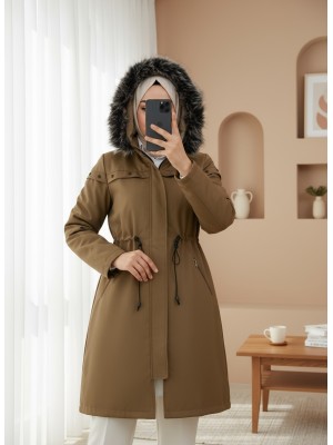 Çıkma Kapşonlu Yıldız Metal Detaylı Kaban -Taba