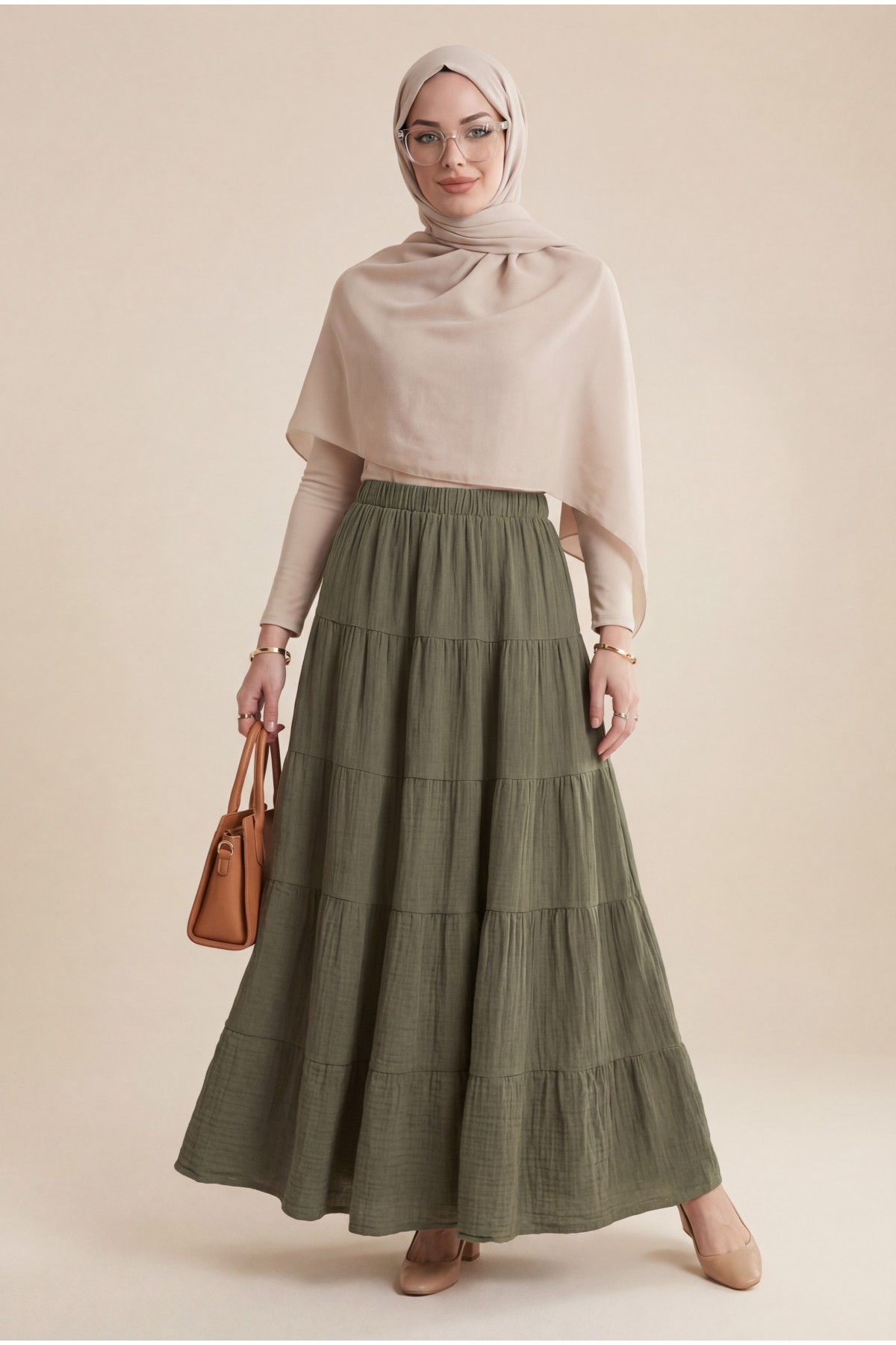 Elastic Waistband Patchwork Muslin Skirt -Khaki