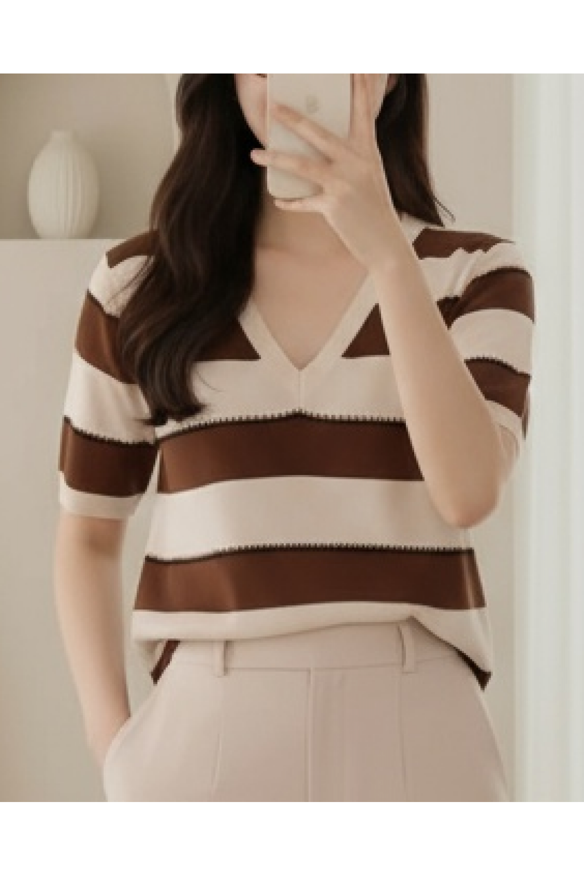 Women's Coffee Cream Striped Short Sleeve Blouse 15869-Brown