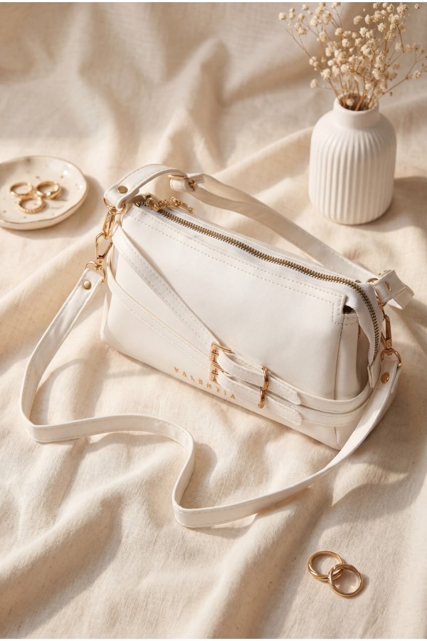 Women's Long-Strap Bag with Front Belt Detail -White